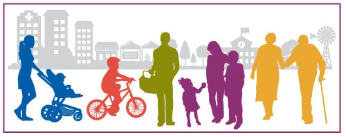 Drawing of people at various ages imposed over skyline with urban and rural images.