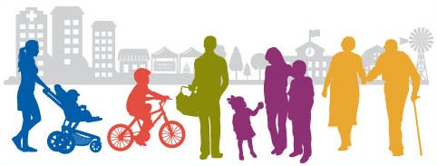 Drawing of people at various ages imposed over skyline with urban and rural images.