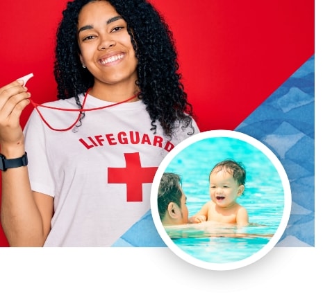 A female lifeguard and a parent with a baby