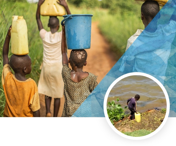 Children carrying water in Ghana; insert image of child by a river gathering water.