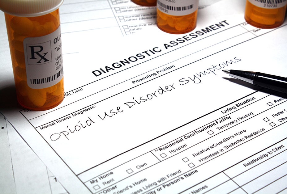 Diagnostic assessment sheet with opioid use disorder symptoms written on it in pen