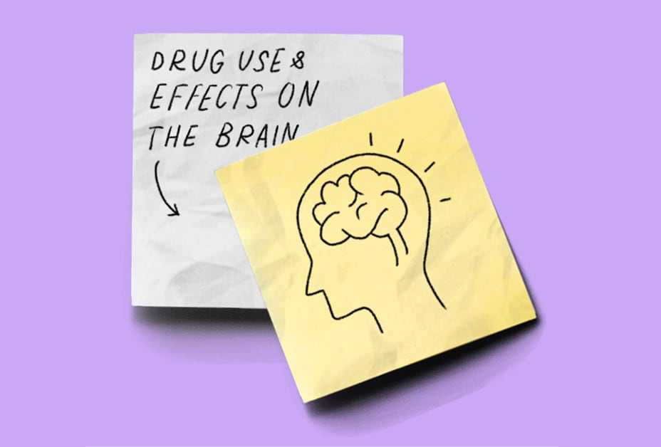 Illustration showing brain and words drug use and effects on the brain