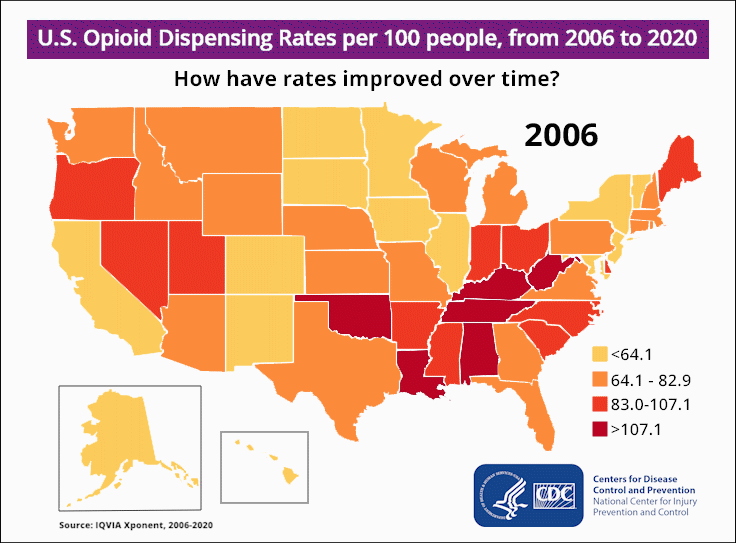 Animated rate map that shows how opioid dispensing rates have decreased in the United States from 2006-2020