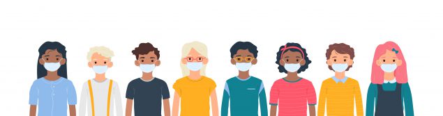 illustration of a diverse line of people wearing masks