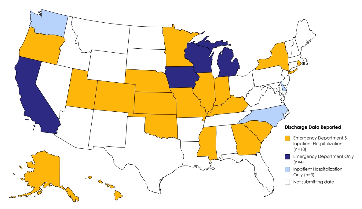 A map of the United States showing jurisdictions participating in CDC’s DOSE system from 2018-2021. Jurisdictions reporting emergency department and inpatient hospitalization discharge data are identified in yellow (AK, CO, GA, HI, IL, IN, KS, MN, MO, MS, NE,  NY, OK, OR, RI, SC, and UT), jurisdictions reporting emergency department discharge data only are identified in dark blue (CA, IA, MI, and WI), jurisdictions reporting inpatient hospitalization discharge data only are identified in a light blue (DE, NC, and WA), and jurisdictions not submitting discharge data are unshaded.