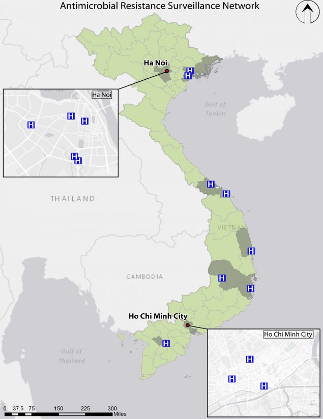 A map of Vietnam showing the locations of the national AMR surveillance strategy in 16 hospital microbiology laboratories.