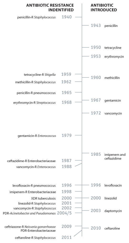 A timeline showing when antibiotics were developed compared to when antibiotic resistance was identified.
