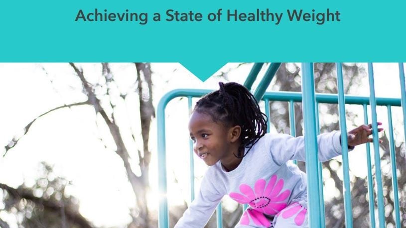 Child playing on a slide from the cover of the 2022 Achieving a State of Healthy Weight report.