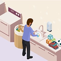 A person cleaning and disinfecting items