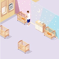 A childcare napping area with sleeping areas spaced out