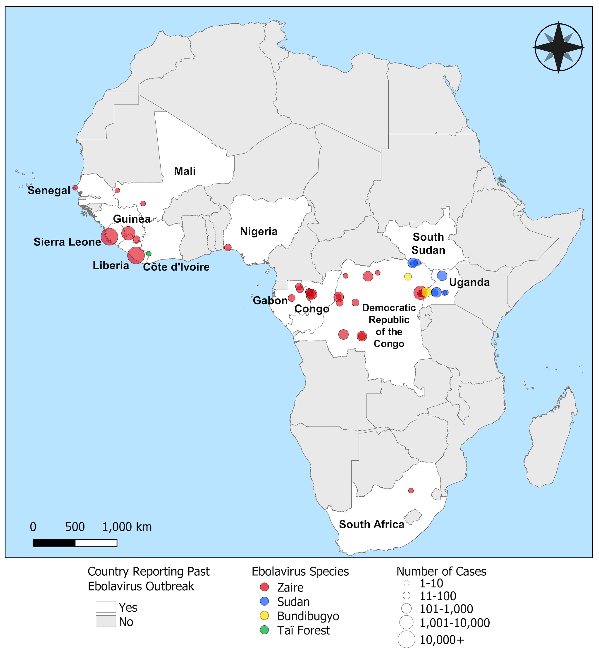 Map showing where Ebola outbreaks have occurred in Africa