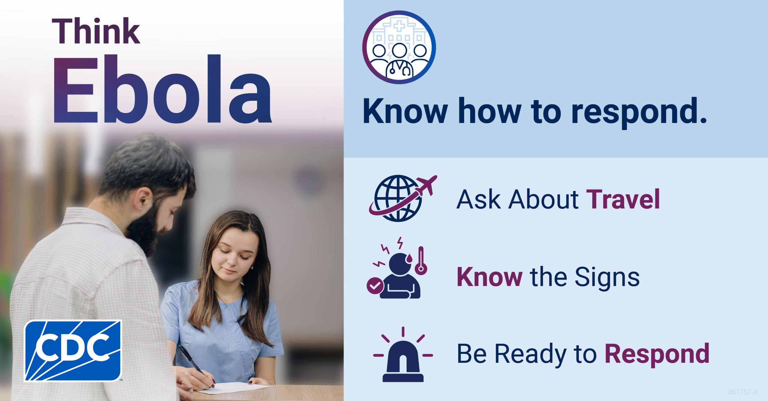 CDC social graphic titled “Think Ebola.” A male patient checks in at a healthcare facility while a healthcare worker in blue scrubs completes paperwork. Text reads, “Know how to respond. Ask About Travel. Know the Signs. Be Ready to Respond.” Icons represent a healthcare team, international travel, symptoms, and an emergency alert. The CDC logo appears at the bottom left.