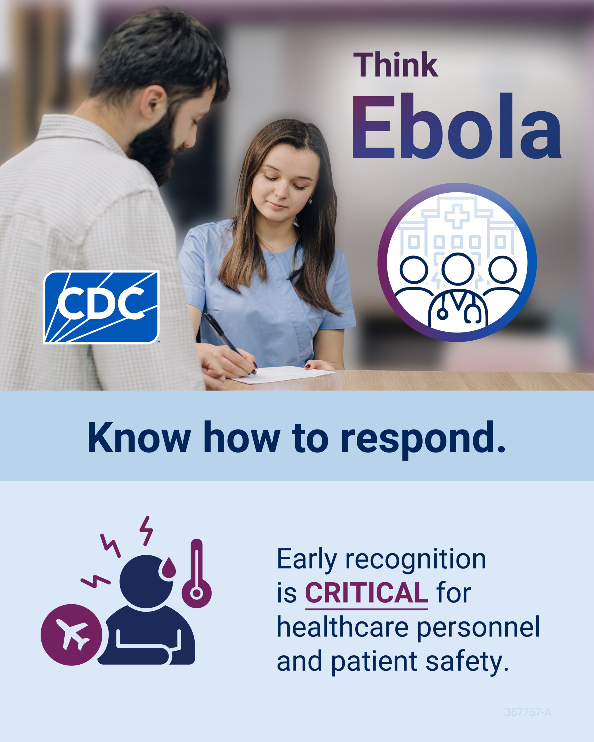 CDC social graphic titled “Think Ebola.” A patient checks in at a healthcare facility while a healthcare worker in blue scrubs completes paperwork. An icon shows a hospital behind three people, including a clinician with a stethoscope. Text reads, “Know how to respond. Early recognition is critical for healthcare personnel and patient safety.” A second icon shows a sick traveler with an airplane, sweat drop, thermometer, and pain lines representing fever and illness.