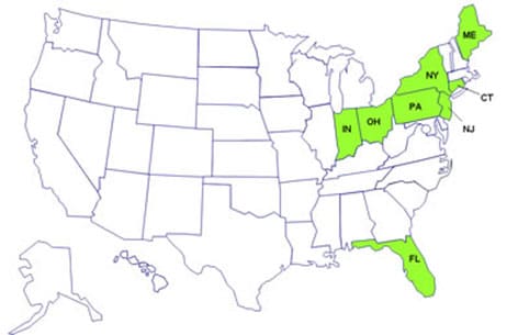 Map: Persons infected with the outbreak strain of <em>E. coli</em> O157, by state of residence, as of October 26, 2007 (n=40)