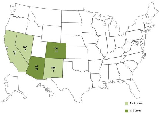 Final Case Count Map: Persons infected with the outbreak strain of E. coli O157:H7, by state, as of November 24, 2010 (n=38)
