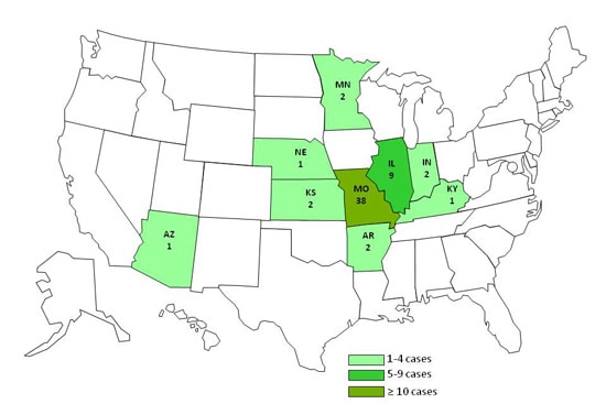 Final Case Count Map: Persons infected with the outbreak strain of E. coli O157:H7, by state, as of March 21, 2012 (n=58)