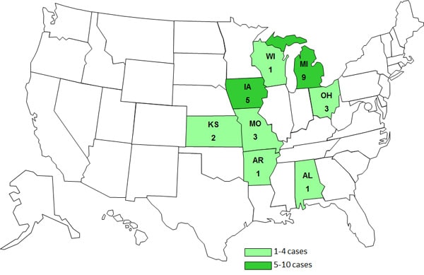 Map Case Count Map: Persons infected with the outbreak strain of STEC O26, United States, by State, as of March 8, 2012*