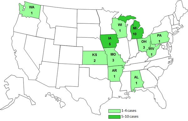 Final Case Coint Map: Persons infected with the outbreak strain of STEC O26, United States, by State, as of April 3, 2012