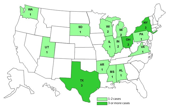March 29, 2013 Case Count Map: Persons infected with the outbreak strain of E. coli O121, by state