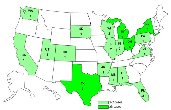 April 26, 2013 Case Count Map: Persons infected with the outbreak strain of E. coli O121, by state