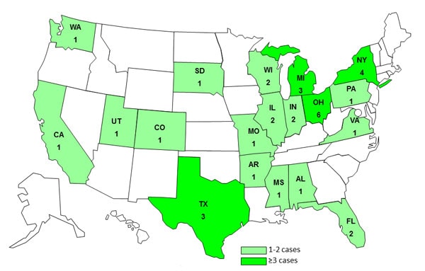 May 10, 2013 Case Count Map: Persons infected with the outbreak strain of E. coli O121, by state