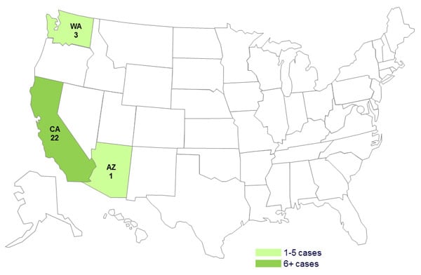 November 12, 2013 Case Count Map: Persons infected with the outbreak strain of E. coli O157:H7, by state