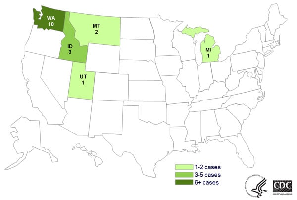 June 9, 2014: Map of Persons infected with the outbreak strain of E. coli O121, by state