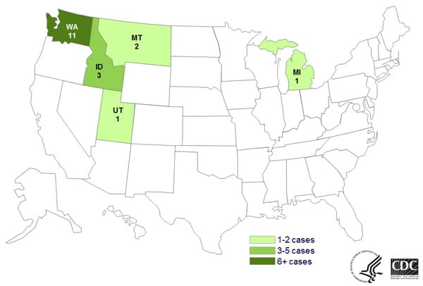 June 27, 2014: Map of Persons infected with the outbreak strain of E. coli O121, by state