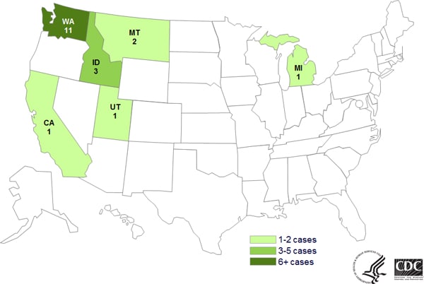 July 31, 2014: Map of Persons infected with the outbreak strain of E. coli O121, by state.