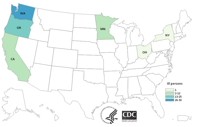 Persons infected with the outbreak strain of E. coli O26, by state, as of November 19, 2015