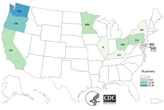 Map of Persons infected with the outbreak strain of E. coli O121, by state