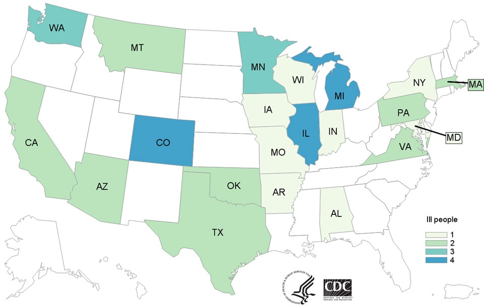 People infected with the outbreak strain of E. coli O121, by state of residence, as of June 28, 2016 (n=42)