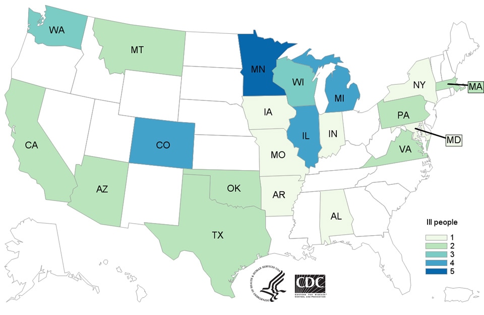 Case Count Map: People infected with the outbreak strain of E. coli O121 & O26, by state of residence, as of July 25, 2016 