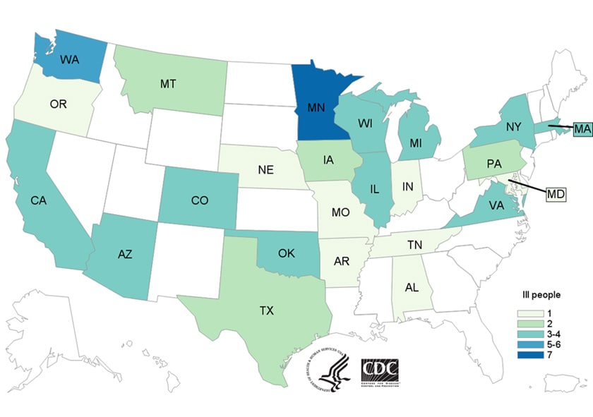 Case Count Map: People infected with the outbreak strain of E. coli O121 & O26, by state of residence, as of September 28, 2016 