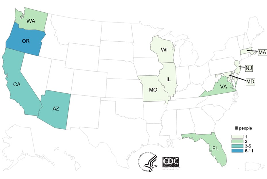 Case Count Map: People infected with the outbreak strain of E. coli O157:H7, by state of residence