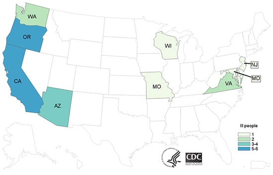  Case Count Map: People infected with the outbreak strain of E. coli O157:H7, by state of residence