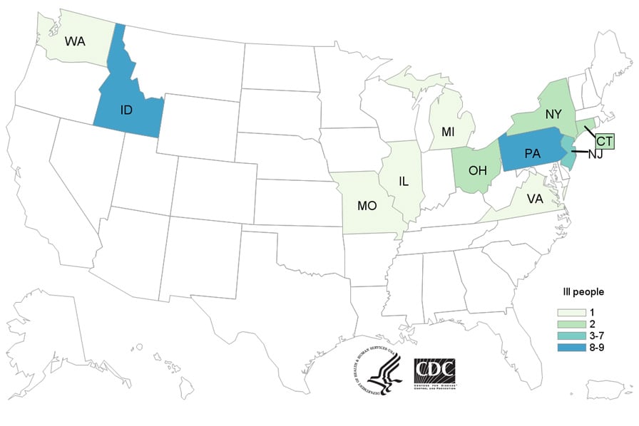 Map of United States - People infected with the outbreak strain of E. coli, by state of residence, as of April 12, 2018