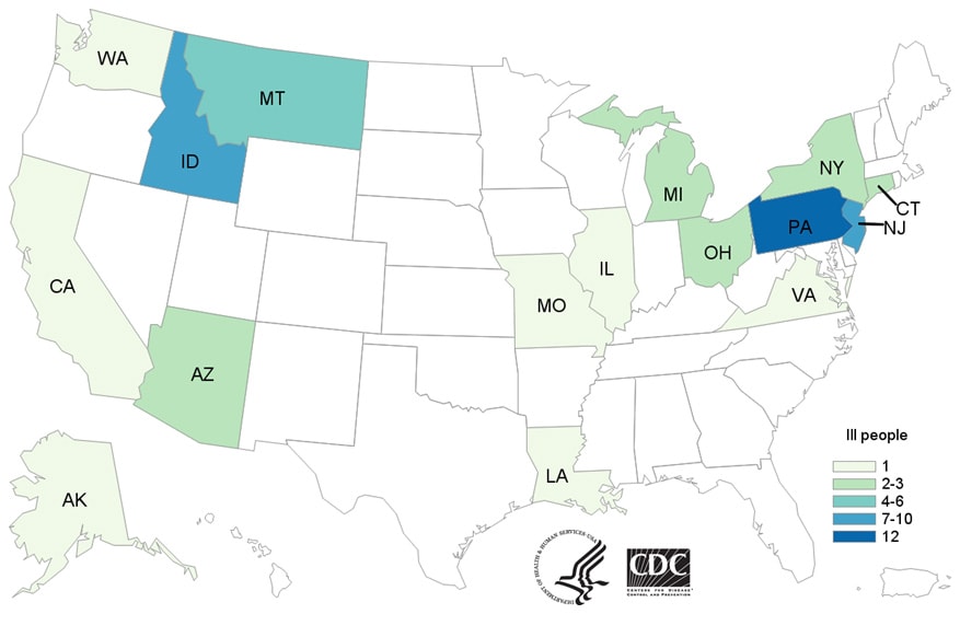 Map of United States - People infected with the outbreak strain of E. coli, by state of residence, as of April 18, 2018