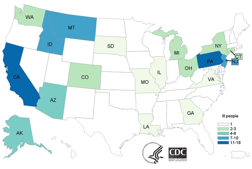 Map of United States - People infected with the outbreak strain of E. coli, by state of residence, as of April 24, 2018