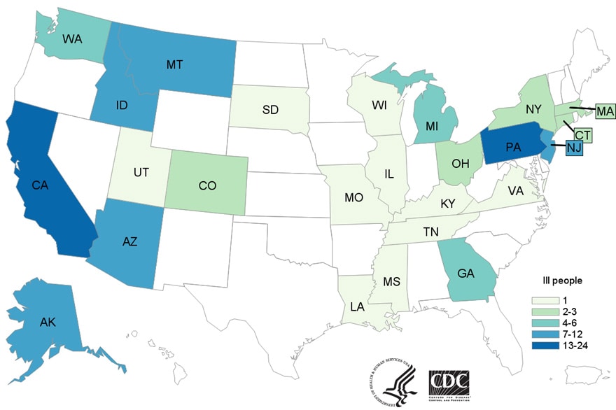 Map of United States - People infected with the outbreak strain of E. coli, by state of residence, as of May 1, 2018
