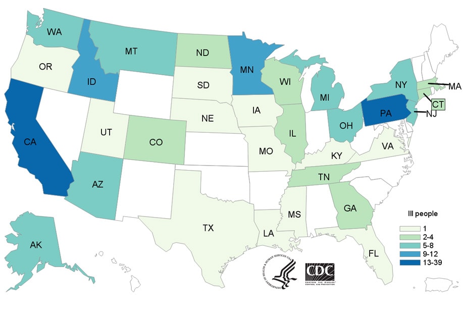 Map of United States - People infected with the outbreak strain of E. coli, by state of residence, as of May 15, 2018