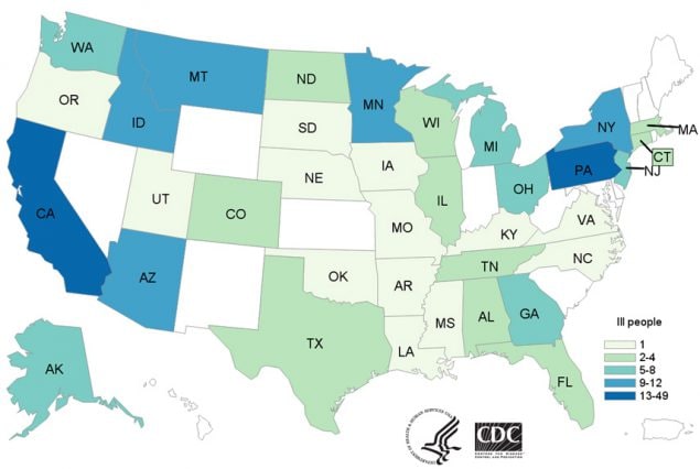 Map of United States - People infected with the outbreak strain of E. coli, by state of residence, as of June 27, 2018