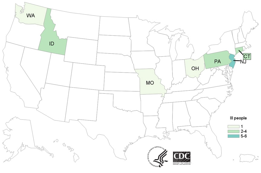 Map of United States - People infected with the outbreak strain of E. coli, by state of residence, as of April 9, 2018