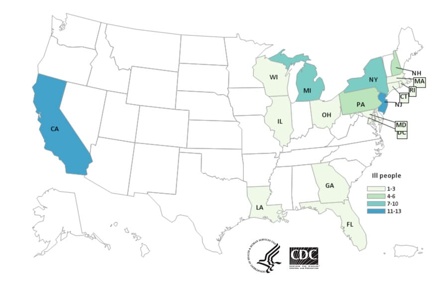 Map of United States - People infected with the outbreak strain of E. coli, by state of residence, as of January 9, 2019