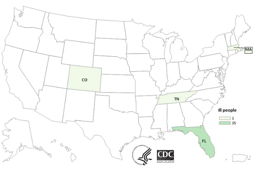 Map of United States - People infected with the outbreak strain of E. coli, by state of residence, as of September 19, 2018