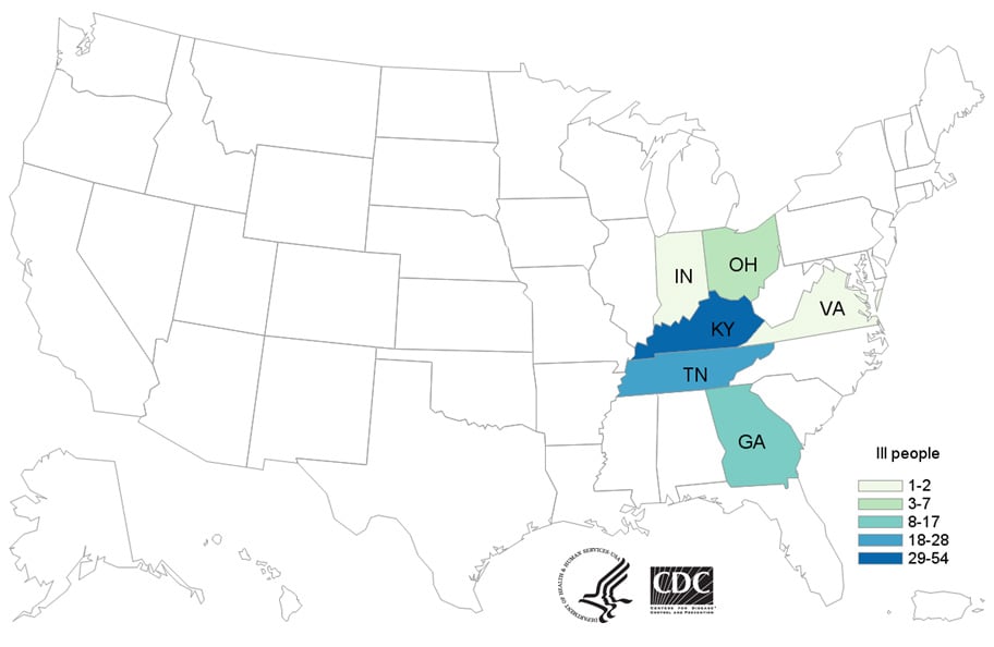 Map of United States - People infected with the outbreak strain of E. coli, by state of residence, as of April 12, 2019