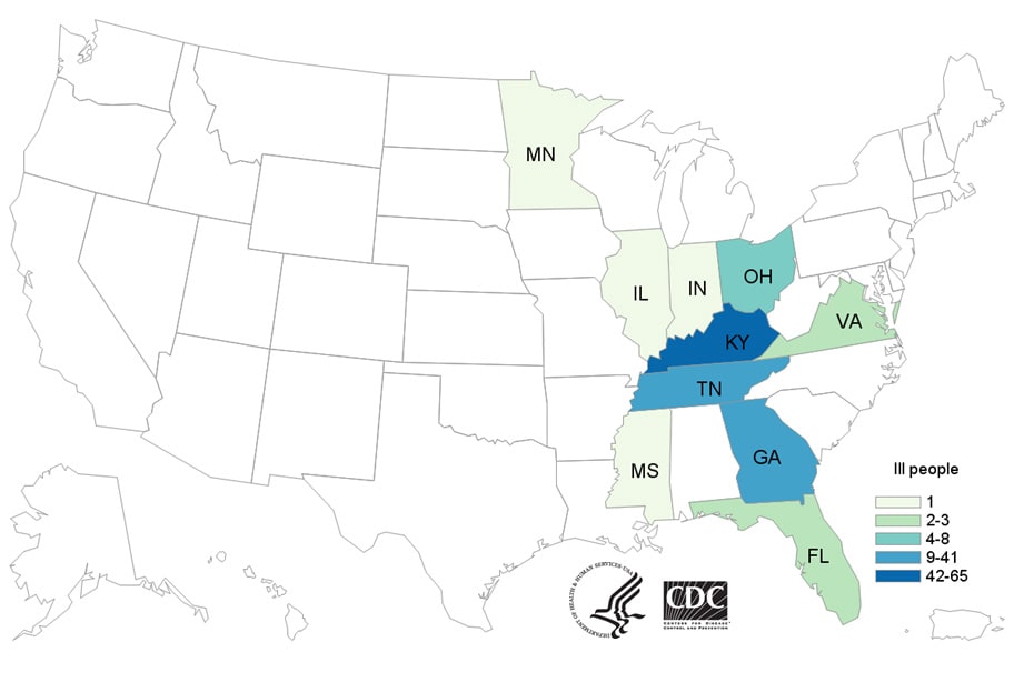Map of United States - People infected with the outbreak strain of E. coli, by state of residence, as of April 22, 2019