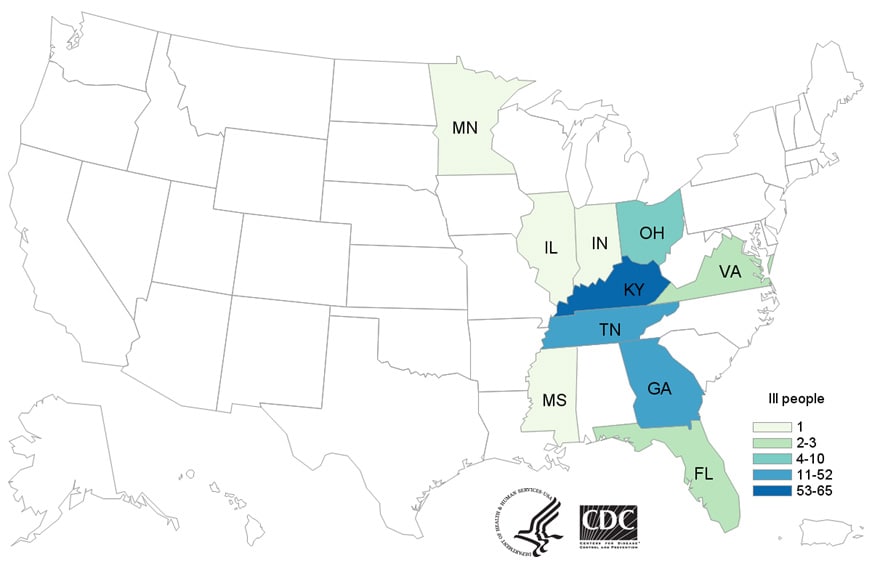 Map of United States - People infected with the outbreak strain of E. coli, by state of residence, as of April 25, 2019