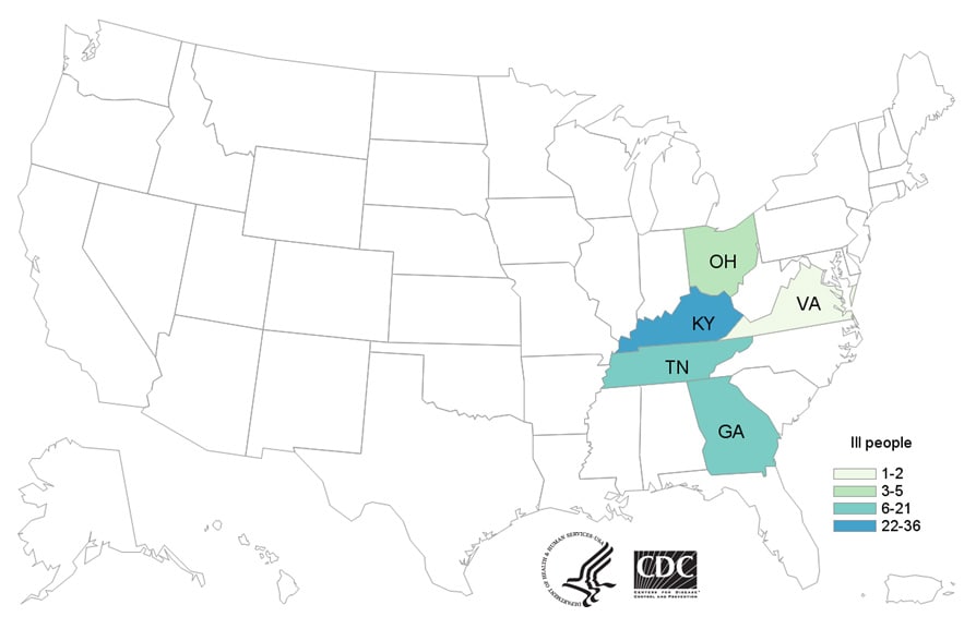 Map of United States - People infected with the outbreak strain of E. coli, by state of residence, as of April 4, 2019