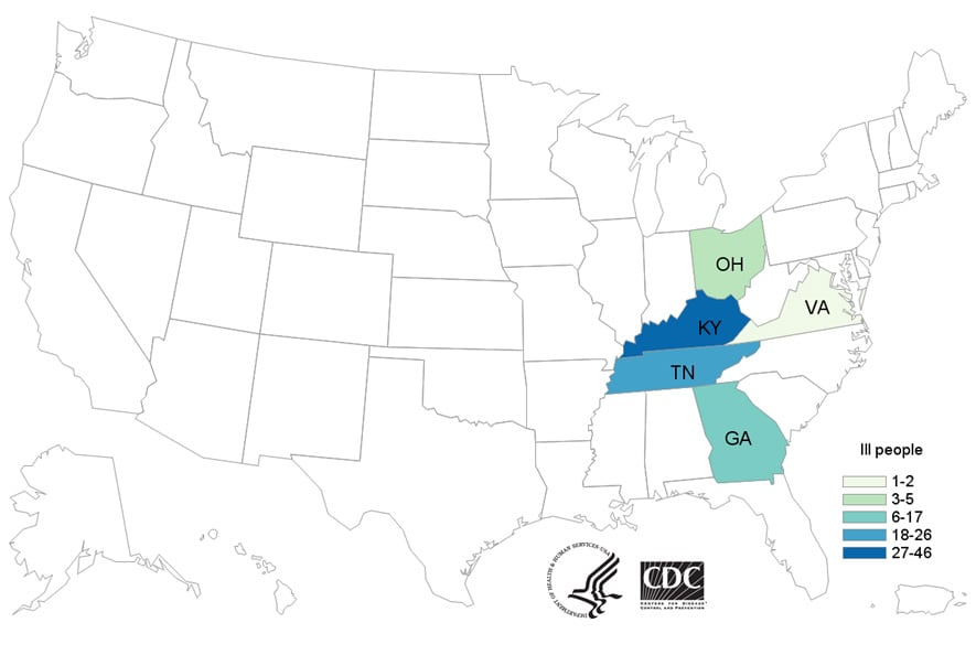 Map of United States - People infected with the outbreak strain of E. coli, by state of residence, as of April 4, 2019